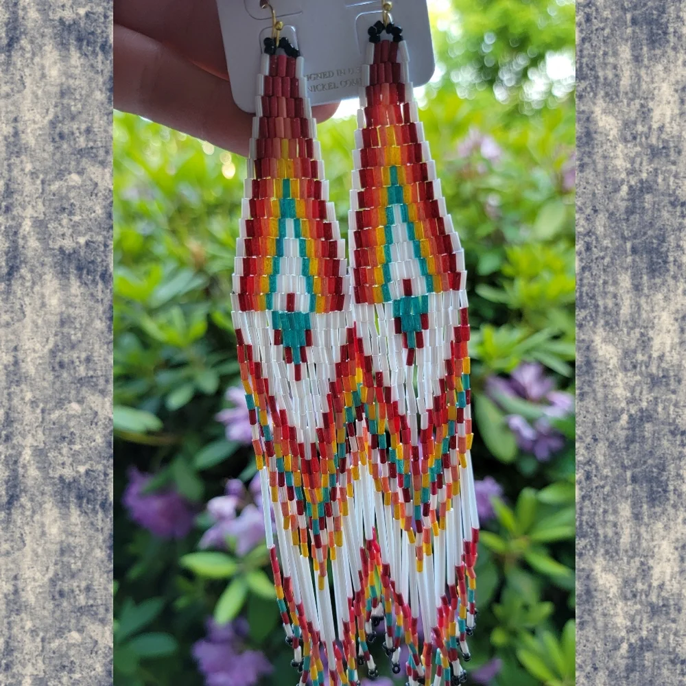 Kiss the sky native Aztec south western seed bead fringe Dangle earrings